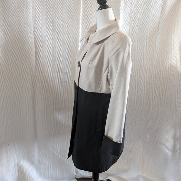 Tahari Colorblock Coat Cream Black Cotton Blend Size Small Overcoat Classic - Picture 2 of 14